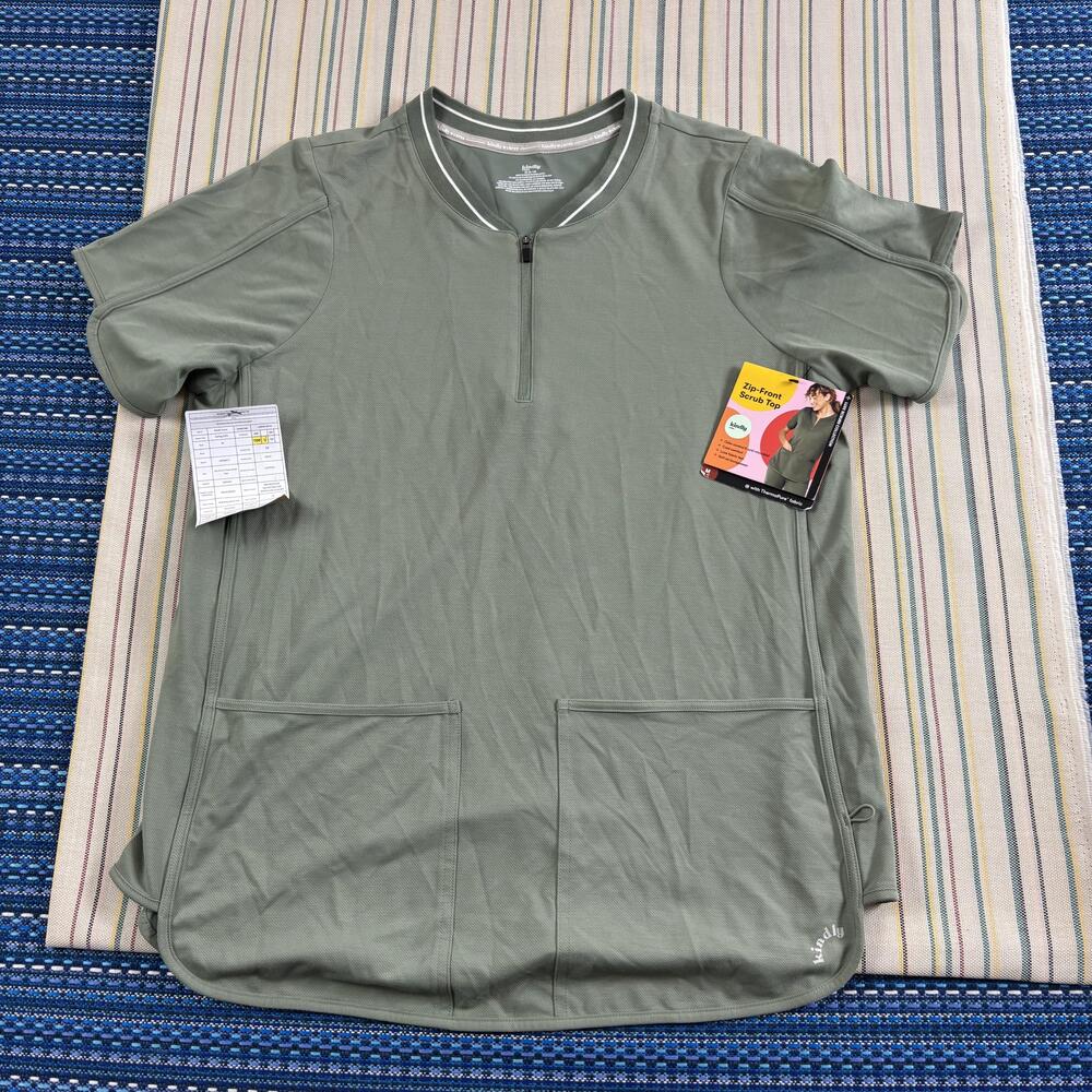 Kindly Yours Scrub Top Womens M Green Zip Front Crew Pockets Stretch Nursing NEW